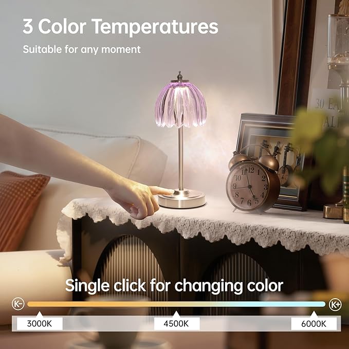 Shenmoyl Tulip Table Lamp with 5200mAh Battery & Touch Control, Cordless Small Table Lamp with 3 Colors, Dimmable Rechargeable Table Lamps for Living Room, Bedroom, Desk, Bedside (Clear Purple Tulip)