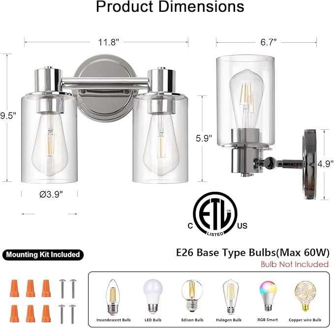 2 Light Bathroom Wall Sconce Light Fixtures with Clear Glass Bathroom Wall Lights Over Mirror Vanity Lights Chrome with E26 Base