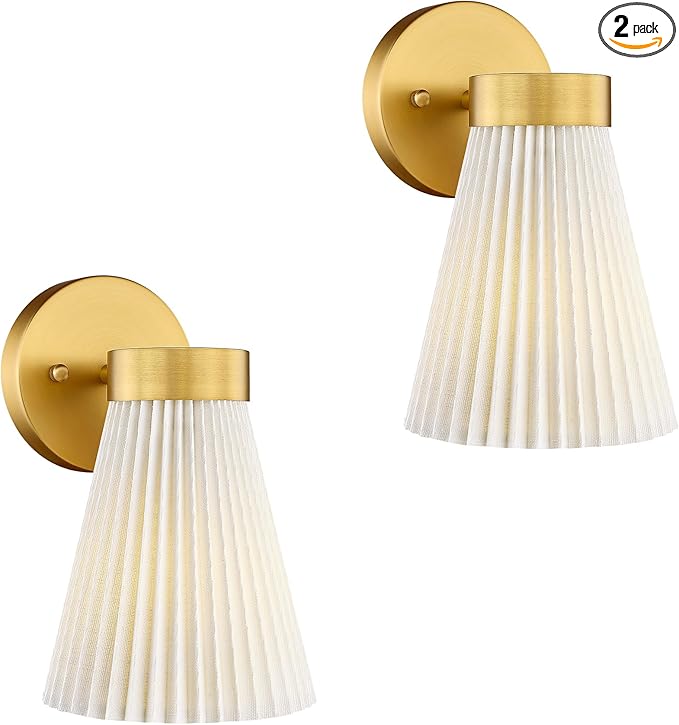 Set of 2 Wall Sconces, HWH Gold Bathroom Light Fixtures with Milk White Striped Fabric Shade, Up and Down Vanity Lights Fixture, Brushed Gold Finish, 5HZG97B-2PK BG-FB