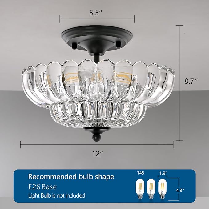 HuixuTe Modern Semi Flush Mount Ceiling Light, 3-Light Black Close to Ceiling Light Fixture with Clear Glass Shade for Living Room Entryway Bedroom