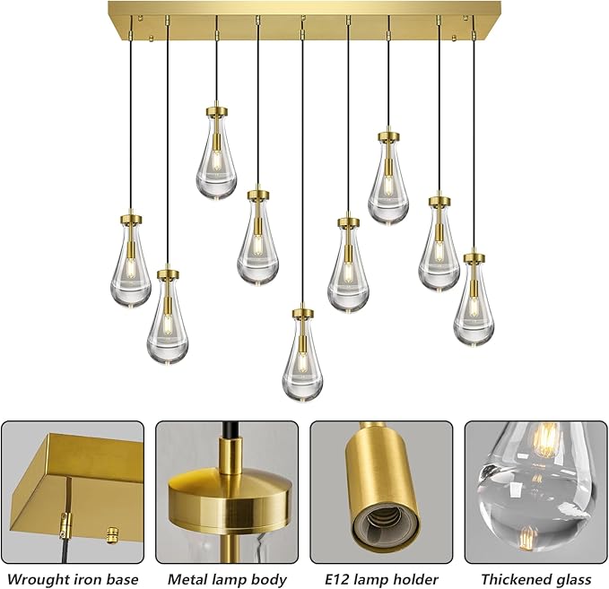Modern Raindrop Pendant Lights Kitchen Island Teardrop Gold Hanging Light Fixture Clear Solid Glass Chandeliers Crystal Pendant Light for Porch Living Room Dining Room(Long Plate-9 Lights)