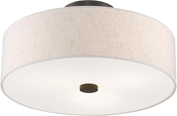 Livex Lighting 52135-92 Meridian Collection 3-Light Semi Flush Mount Ceiling Fixture with Oatmeal Color Fabric Hardback Drum Shade and Satin White Diffuser, English Bronze