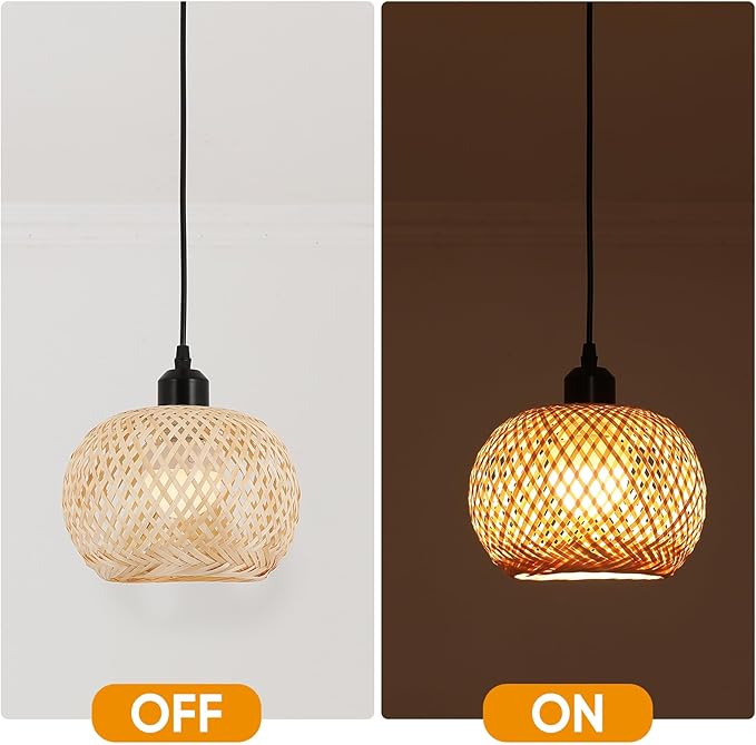 Boho Pendant Light Battery Operated,Rechargeable Woven Pendant Light with Remote,Rattan Pendant Light Fixtures for Kitchen Island,Wicker Hanging Lights for Dining Room Bedroom Hallway Entryway.
