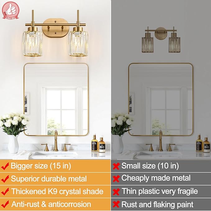Modern Crystal Bathroom Vanity Light, 2-Light Brushed Gold Bathroom Light Fixtures with Clear Shades, Vanity Lighting Fixtures Over Mirror (Exclude Bulb)