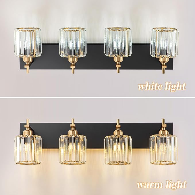 Black Gold Crystal Bathroom Vanity Light, Modern 4-Lights Bathroom Light Fixtures Over Mirror, Crystal Wall Lighting with Polished Gold Finish