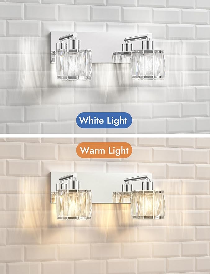 VOLISUN Crystal Vanity Lights - 2 Light Modern Stainless Steel Bathroom Light Over Mirror, Chrome Finish - UL Certificated (Exclude Bulb)