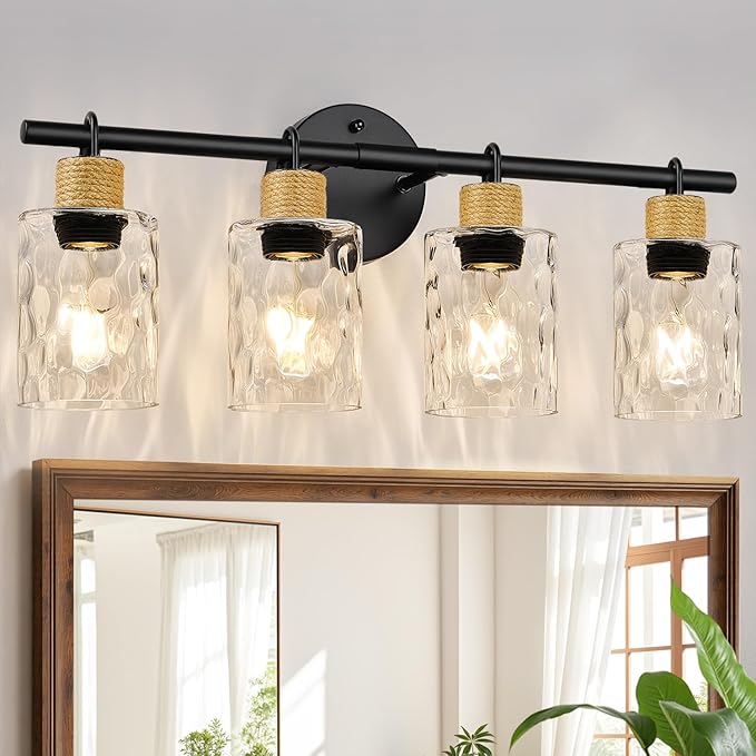 MOKATNG Bathroom Light Fixtures, 4-Light Coastal Vanity Lights with Crystal Glass Shade, Black Bathroom Wall Lamp for Mirror Kitchen Hallway Cabinet