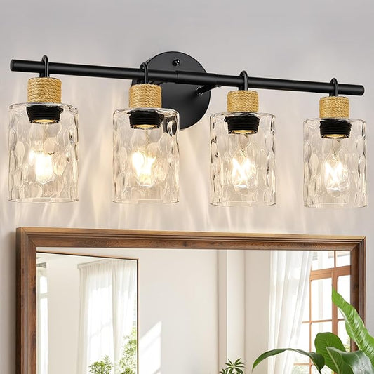 MOKATNG Bathroom Light Fixtures, 4-Light Coastal Vanity Lights with Crystal Glass Shade, Black Bathroom Wall Lamp for Mirror Kitchen Hallway Cabinet