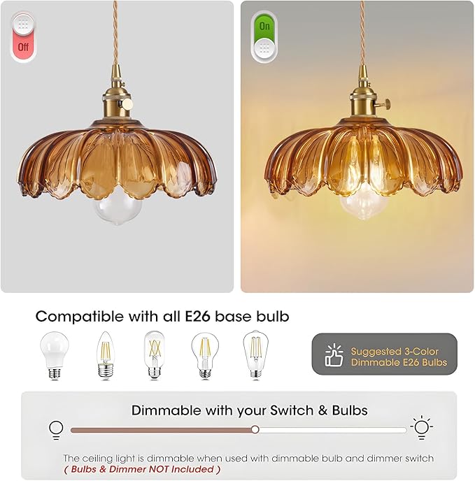 Plug in Pendant Light, Hanging Lights with Plug in Cord, Hanging Light Fixture with Amber Color Glass, E26 Pendant Lighting for Kitchen Island, Bedroom, Dining Room-Browm
