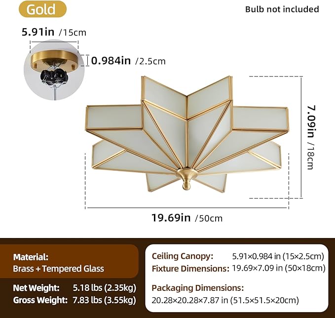 Star Brass Glass Ceiling Light - 19.7 In Large Gold Flush Mount Fixture - Art Deco Mid Century Vintage Modern Moravian Lighting Lights for Bedroom Dining Kitchen Foyer Farmhouse Living Room