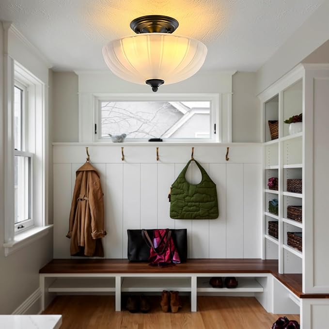 Frosted Glass Ceiling Light Fixture - Semi Flush Mount with 3 E26 Bulb Sockets, Soft Diffused Lighting/Anti-Glare Shade Lighting for Living Room Dining Room Hallway, Vintage Indoor Chandelier