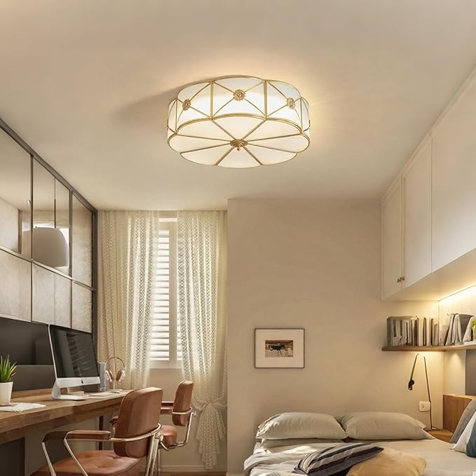 MIXL- Brass Flush Mount Ceiling Light, Flower Shaped 3-Light LED Ceiling Lamp, Frosted Glass Shade Modern Light, Close to Ceiling Light Decorative for Bedroom Living Room(13.77" W)