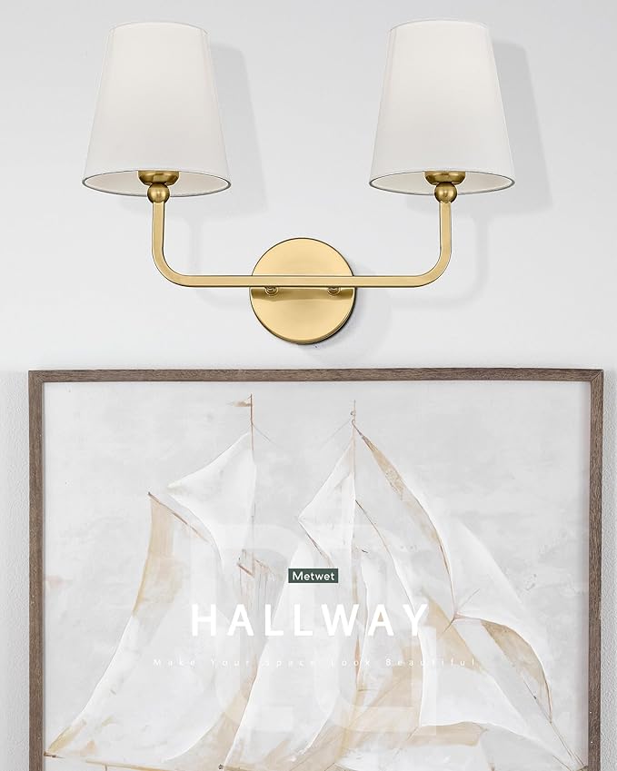 2 Light Bathroom Vanity Light, Brushed Gold Double Wall Sconce with Flared White Fabric Shade, Modern Sconces Wall Lighting for Hallway Bedroom Stairway, VL837-BG
