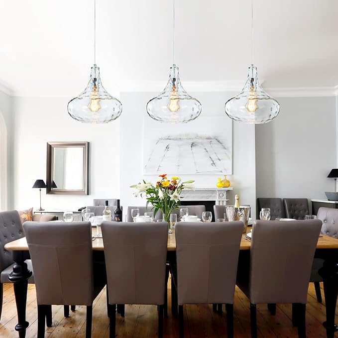 Farmhouse Vintage Glass Pendant Light with Handblown Hammered Shade - Adjustable Hanging Cord for Kitchen Island, Dining Room, Hallway - 11 Inch Chrome Ceiling Fixture