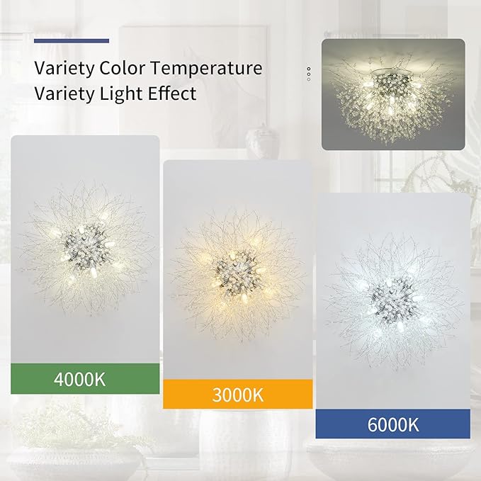 CM MZY Sputnik Flush Mount Ceiling Light Fixtures, Modern Chrome Crystal Firework Chandelier, 8-Light Close to Ceiling Lighting Fixtures for Bedroom Kitchen Hallway Entryway(H11.8'' x W21.5'')