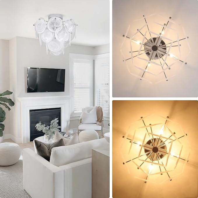 Semi Flush Mount Chandelier, Modern Ceiling Light Fixtures with Glass, 4 Light Chandelier Ceiling Light for Bedroom,Small Chandelier for Living Room,Dining Room,Entryway, Hallway