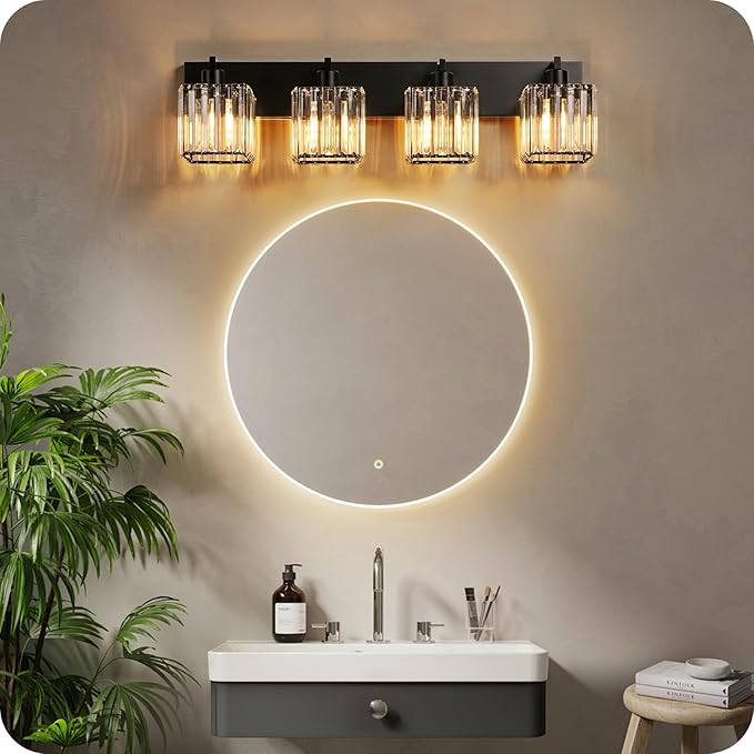 Modern Crystal Vanity Light, 4-Light Bathroom Light Fixture, 30.7"Square Vanity Lighting Fixture, E26 Base, Bulbs Not Included, for Bathroom,Vanity Light Over Mirror, Hallway,Black B11BD05W1
