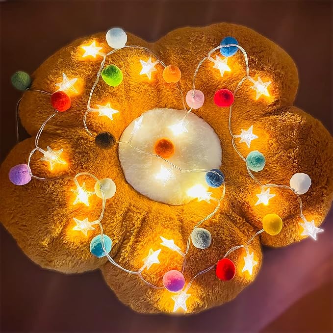 ChiRee Indoor String Lights 6.56 Feet Pom Poms Star Lights 20 LED Battery Operated String Fairy Lights Warm White Star Lights Colorful Decor Lights for Home Bedroom Kids Playhouse Holiday Christmas