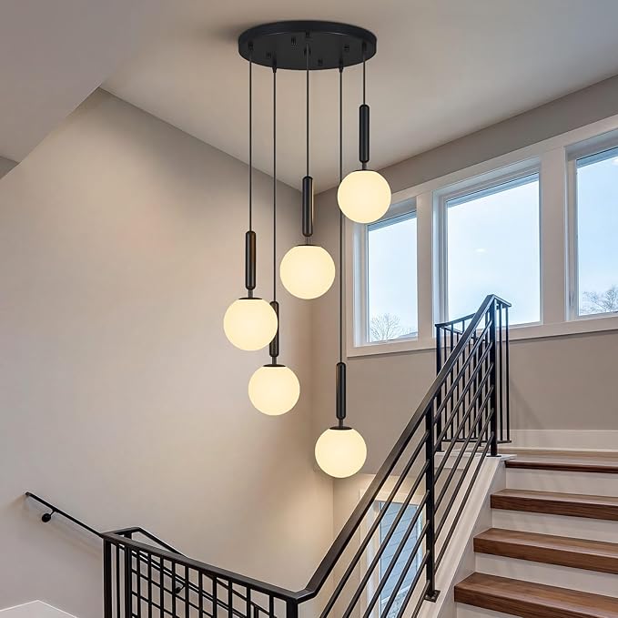 Modern Black Pendant Light Hanging Fixture Light for Kitchen Island Mid Century with Globe Pendant Light Milk White Glass Pendant Lighting for Living Room Bedroom Entryway (5 Lights)