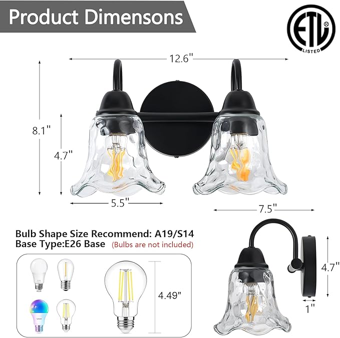 Bathroom Light Fixtures over Mirror, 2 Lights Vintage Wall Sconces with Hammered Glass Shade, 12.6" Matte Black Farmhouse Bathroom Wall Light Fixtures for Bedroom, Porch, Hotel, Mirror Cabinet