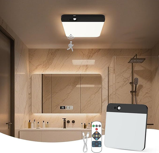 KINDEEP Rechargeable Motion Sensor Ceiling Light: Wireless Ceiling Light with Remote, 3 Color Temperatures Battery Operated Closet Light, Shower, Closet, Stairs, Hallway, Pantry, Black Shade, 1 Pack