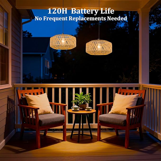 13" Battery Operated Outdoor Chandelier, Battery Power Hanging Pendant Lights, Woven Rattan Gazebo Light Outdoor Waterproof, for Gazebo, Pergola, Porch, Indoor Outdoor Decor Lighting