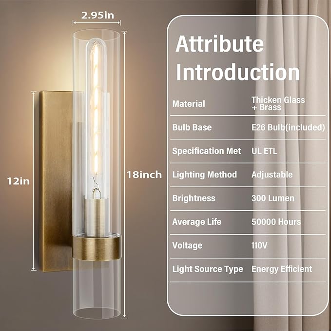18" Wall Sconces Set of 2, Gold Bathroom Vanity Light Fixtures with Clear Glass Tube, Modern Brass Lamp Lighting for Mirror, Bedroom, Living Room, Hallway, Staircase