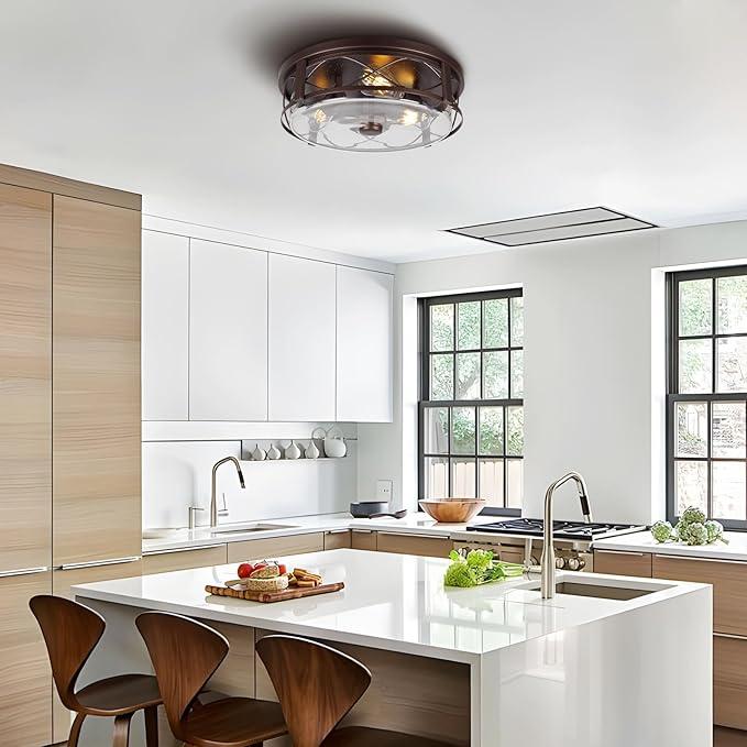 16 Inch Large Flush Mount Ceiling Light with Seeded Glass, 3-Light Bronze Round Ceiling Lamp, Modern Farmhouse Indoor Outdoor Ceiling Lighting for Kitchen Bedroom Living Dining Room