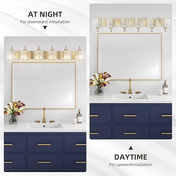 6-Light Modern Vanity Lights Brushed Brass Bathroom Light Fixtures Over Mirror Gold Bathroom Vanity Lighting with Crystal Shade E26 Base Wall Sconce for Bedroom Living Room Restroom Wall Lamp