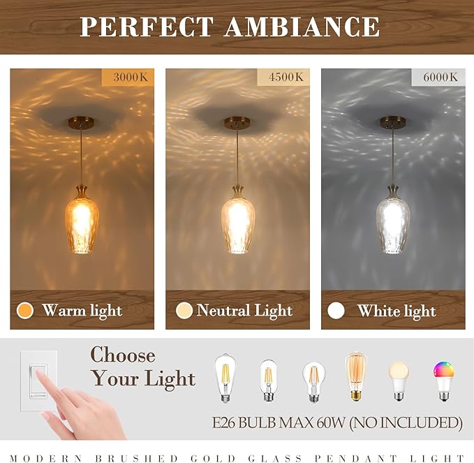 Glass Pendant Lights Kitchen Island, 1-Light Gold Pendant Light Fixtures with Hammered Amber Glass, Vintage Hanging Light for Kitchen Sink Dining Room Bedroom, E26