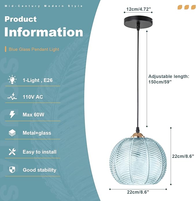 Modern Pendant Light for Bathroom, 8.6-inch Blue Hand Blown Ribbed Glass Hanging Pendant Light Fixture, Farmhouse Adjustable Hanging Lighting for Kitchen Island Dining Room Bedroom