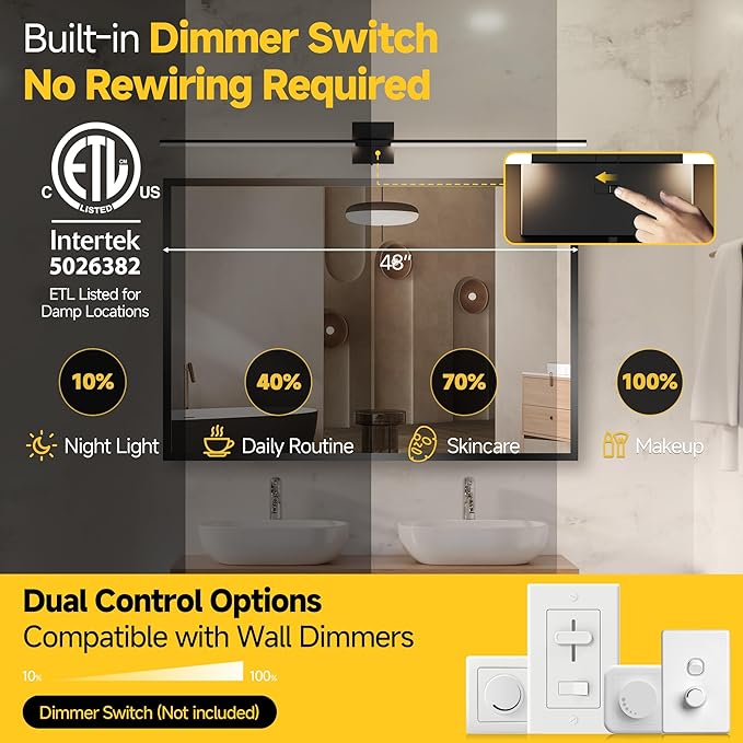 Vanity Lights 48 inch, 4-Level Brightness Built-in Dimmer, 28W Dimmable 5CCT Bathroom Light Fixtures Over Mirror, Black Vanity Lights for Bathroom Mirror Cabinets Bedroom-FCC ETL Certified