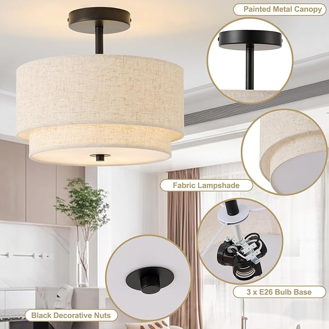 12.6" Flush Mount Ceiling Light Fixture, Black 3-Light Modern Ceiling Light with Fabric Shade in Double Drum-Shape for Bedroom Nursery Living Room Kitchen Island(2-Tier Black)