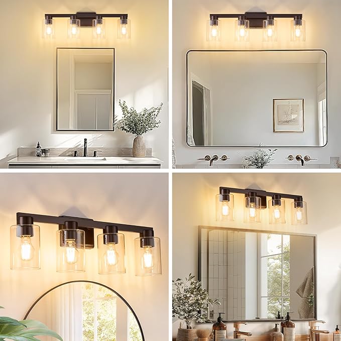 4-Light Bathroom Light Fixtures Modern Oil Rubbed Bronze Vanity Lights with Clear Glass Shade 26 Inch Wall Sconces Over Mirror for Bathroom,Powder Room, Living Room
