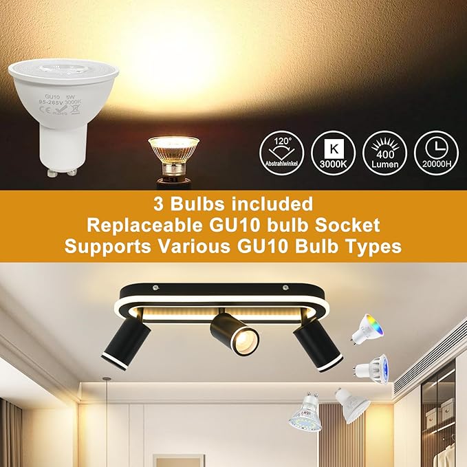 LED 3 Light Track Lighting Spotlight Kit, Black Ceiling Spotlights, Modern Track Light Fixture with Flexibly Rotatable Light Heads, 35W+15W Dual Lighting for Kitchen Living Room,Includes 3 x GU10 Bulb