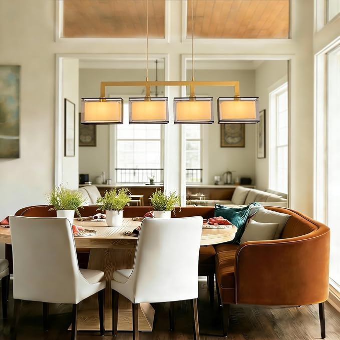 Modern 4-Light Linear Chandelier,Kitchen Island Light with Fabric Drum Shade, Adjustable Height Rectangular Pendant for Dining Room, Living Room, Hallway (L44 INxW7 in xH11 in)