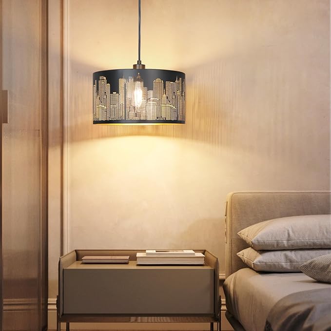 Qingmiao Plug in Pendant Light, Hanging Lamp Plug in with Metal Shade, 3-Way Dimmable Hanging Light Fixture for Living Room Bedroom Kitchen Ceiling Farmhouse Home Decor