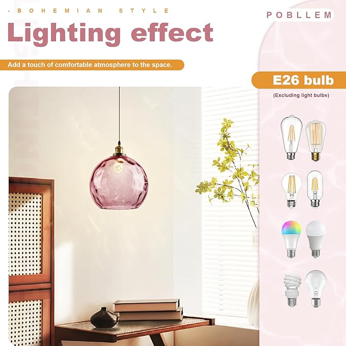 13.8-inch Globe Hanging Lamp with Plug in Cord, Pink Glass Pendant Light Vintage Plug in, Large Hammered Glass Hanging Swag Lamps for Kitchen Dining Room Girls Bedroom Living Room