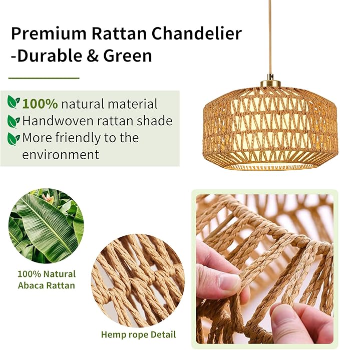 Plug in Pendant Light, Rattan Hanging Lights with Plug in Cord, Rattan Woven and Fabric 2 in 1 LampShade, Hanging Lamp Plug in for Bedroom Living Room Kitchen Island (Bulb Included)