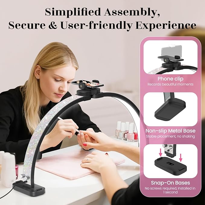 Half Moon Manicure Table Light: 31-inch Half Moon Light For Nail Desk With Phone Holder - AB Crystal Nail Tech Lamp For Beginner DIY - 48W Professional Nails Bright Desk Lamp for Salon,Lash,Tattoo