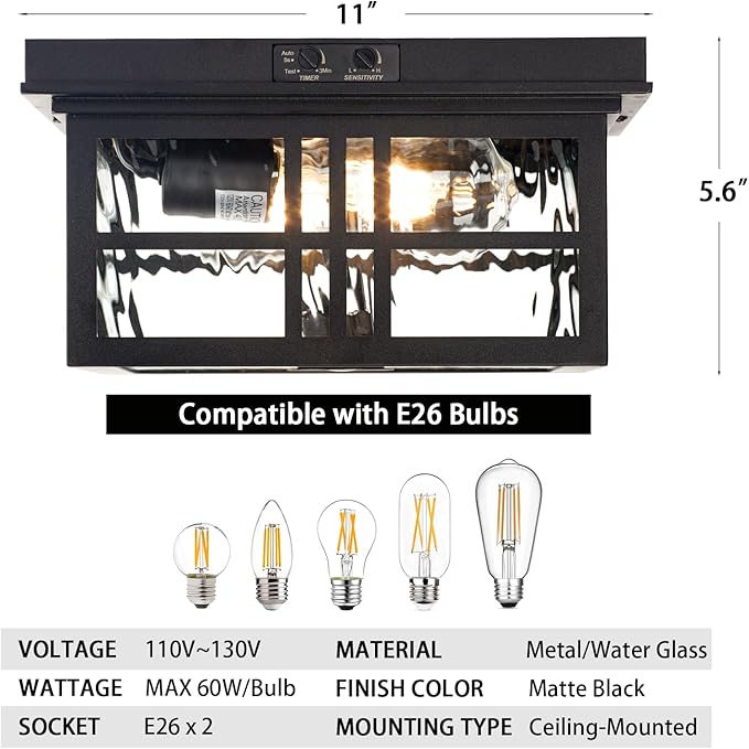 CALOKES Industrial Motion Sensor Outdoor Flush Mount Ceiling Light, Water Ripple Glass Square Black 2-Light Ceiling Lamp for Porch, Entryway, and Garage, Timer and Sensitivity Adjustable