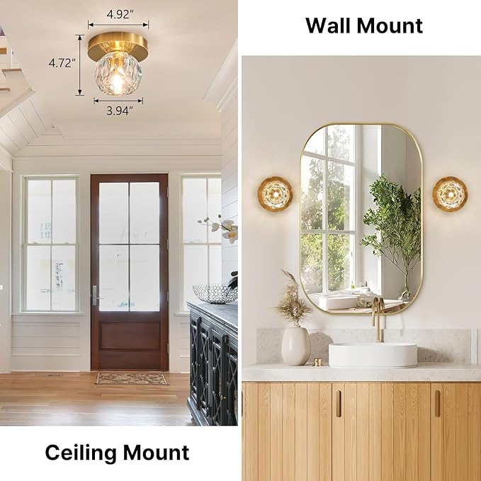 Crystal Small Chandelier Light Fixture: K9 Crystals Brass Semi Flush Mount Ceiling Lights - Gold Globe Wall Sconce - Modern Mini Chandeliers for Bedroom Hallway Bathroom Living Room Entrance Closet
