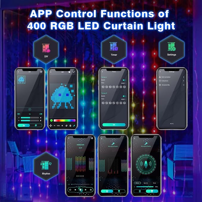 AKEPO Programmable Smart Colorful LED Window Curtain Lights, IP65 400 RGB LED APP Control DIY Text and Pattern Fairy Lights for Wedding/Halloween/Xmas Curtain Backdrop or Home Decor(9.8 * 9.8ft)