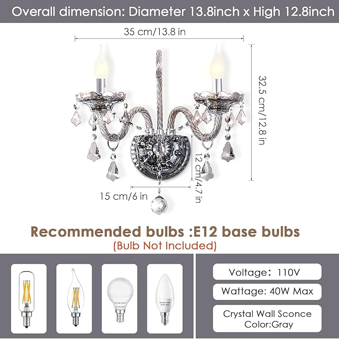 Crystal Wall Sconces Wall Lights Elegant Retro Gray Crystal Wall Lamp Set of 2 European Style Chandelier Fits for Living Room Bathroom Entryway Hallway Hotel Galleries Exhibition Room E12 Base