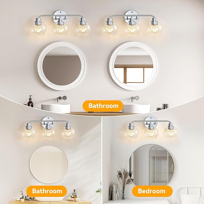 Bathroom Light Fixtures Chrome Vanity Light Silver 3 Light Modern Wall Sconces Lighting Bathroom Lights with Globe Glass Shades Bath Wall Lights Wall Lamp for Mirror Kitchen Living Room Hallway