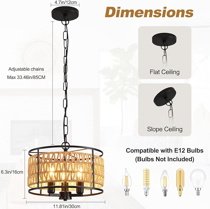 lobolighting Boho Rattan Chandelier, 11.8" 3-Lights Farmhouse Pendant Light with Hand Woven Drum Shade, Modern Black Chandelier for Dining Room Living Room Kitchen Island Bedroom
