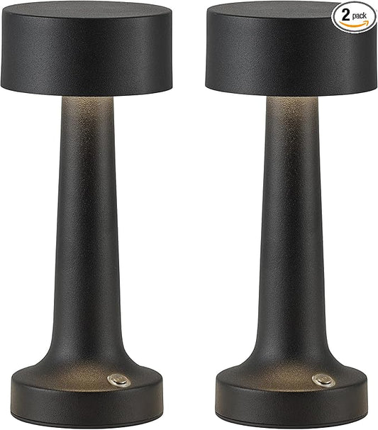 PUSU Cordless LED Black Small Table Lamps Set of 2, Portable Rechargeable 4000mAh Battery Operated Desk Lamp, 3 Color Stepless Dimming for Kids, Restaurant, Bedside, Outdoor, Bar, Night Light, Gift