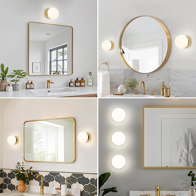 Modern Globe Glass Wall Sconces- Minimalist Home Shop Decor Wall Light 7" Glass Shade Hardwired- 1 Light Mid Century Wall Lamps Indoor Bedroom Bathroom Hallway Vanity Sconce Light (Gold-White)