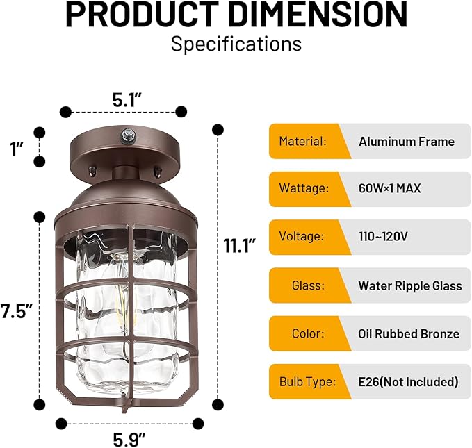 Outdoor Ceiling Lights for Porch with Dusk to Dawn Sensor, Outdoor Semi Flush Mount Ceiling Light Fixture with Water Ripple Glass for Front Porch Entryway Patio