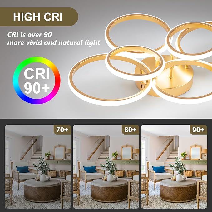 Modern Ceiling Lights, 6 Rings Dimmable Gold LED Ceiling Light Fixtures with Remote Control, 60W Close to Ceilings Lighting for Living Room, Bedroom, Dining Room